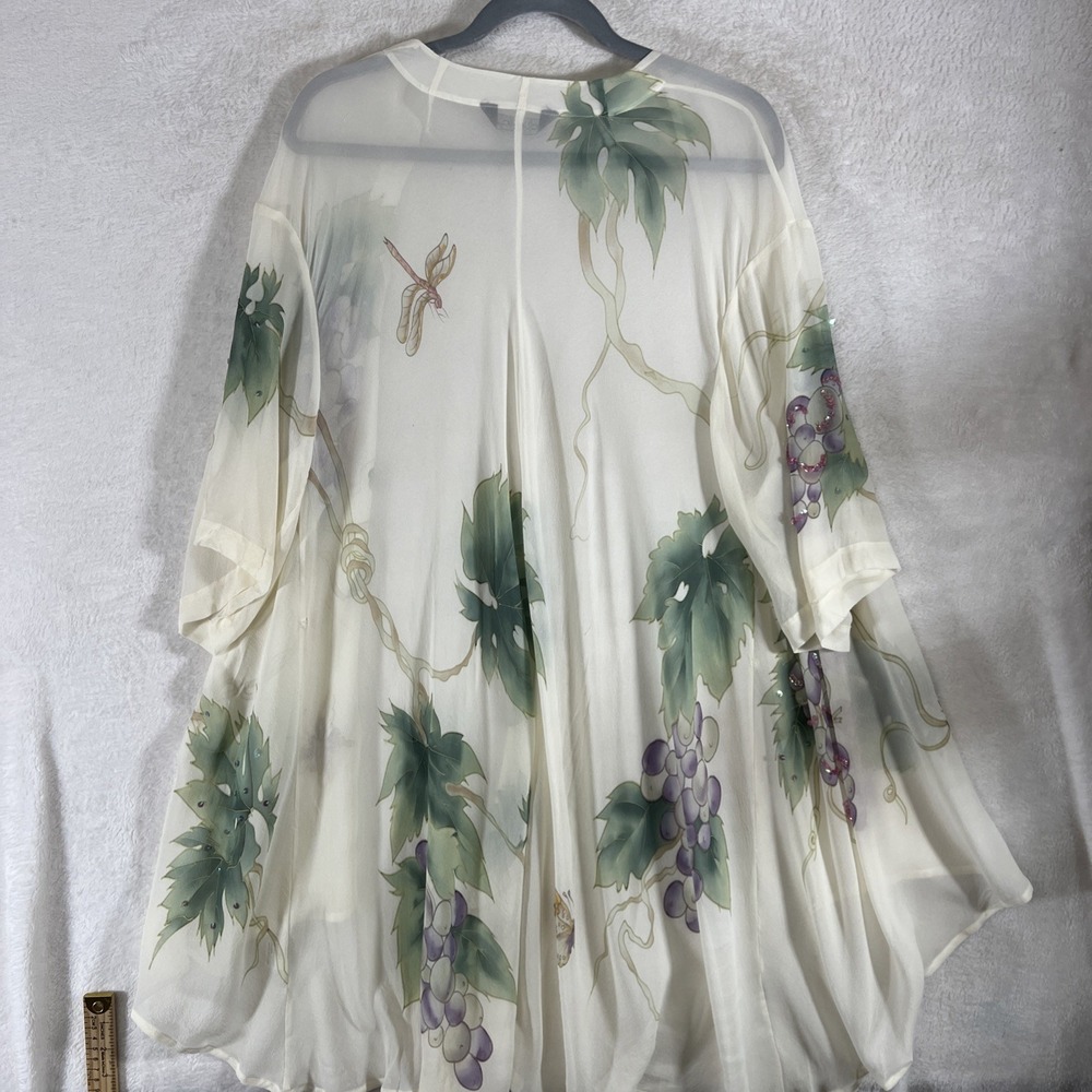 Women's Cream 100% Silk Kimono Cardigan Grapevine Butterfly Sequin One Size